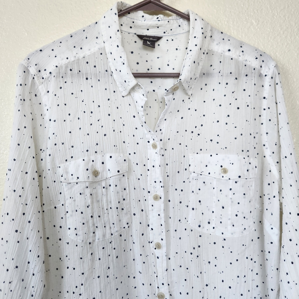 Eddie Bauer Womens Polka Dot Button Down Blouse Size XL White Blue Gauzy